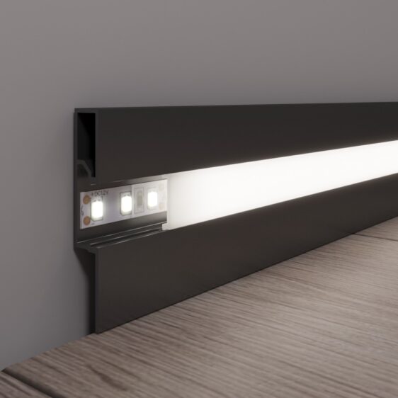 Плінтус прямокутний з led підсвіткою, алюмінієвий 60мм, чорний WT-Profil 2700мм.